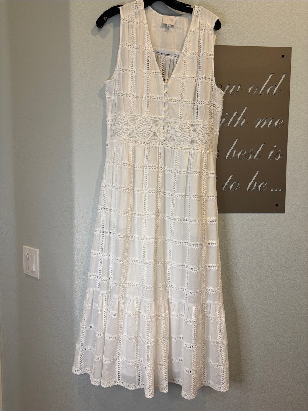 Jade Cream Eyelet Maxi Dress with Waist Embroidery